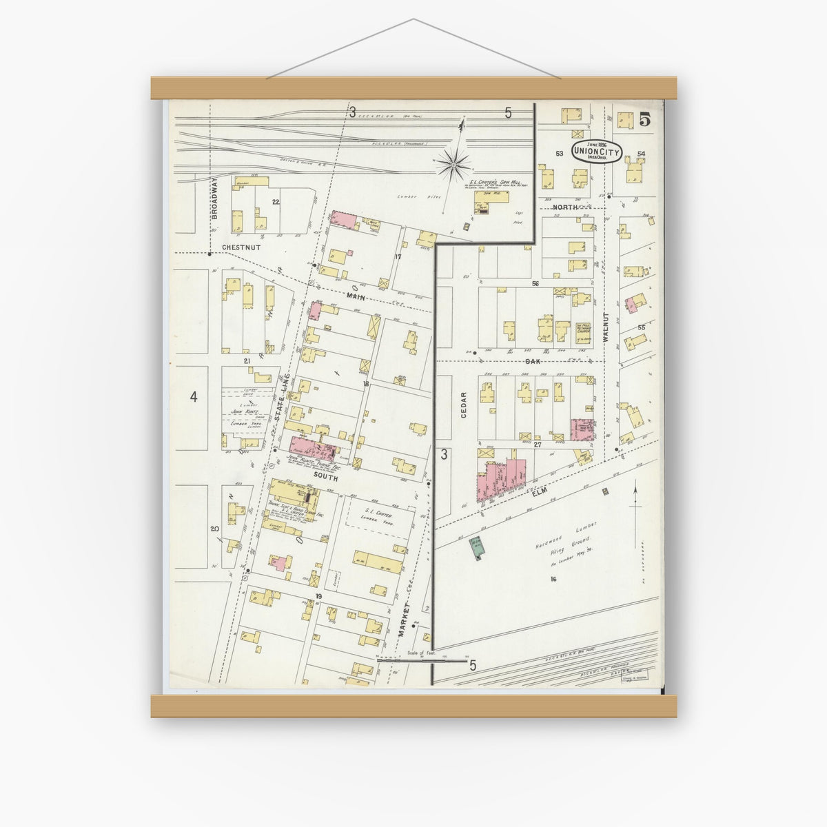 Old map wall art mockup — magnetic wood frame on white wall — Sanborn Fire Insurance Map from Union City, Randolph County, Indiana (1896), Sheet #0005