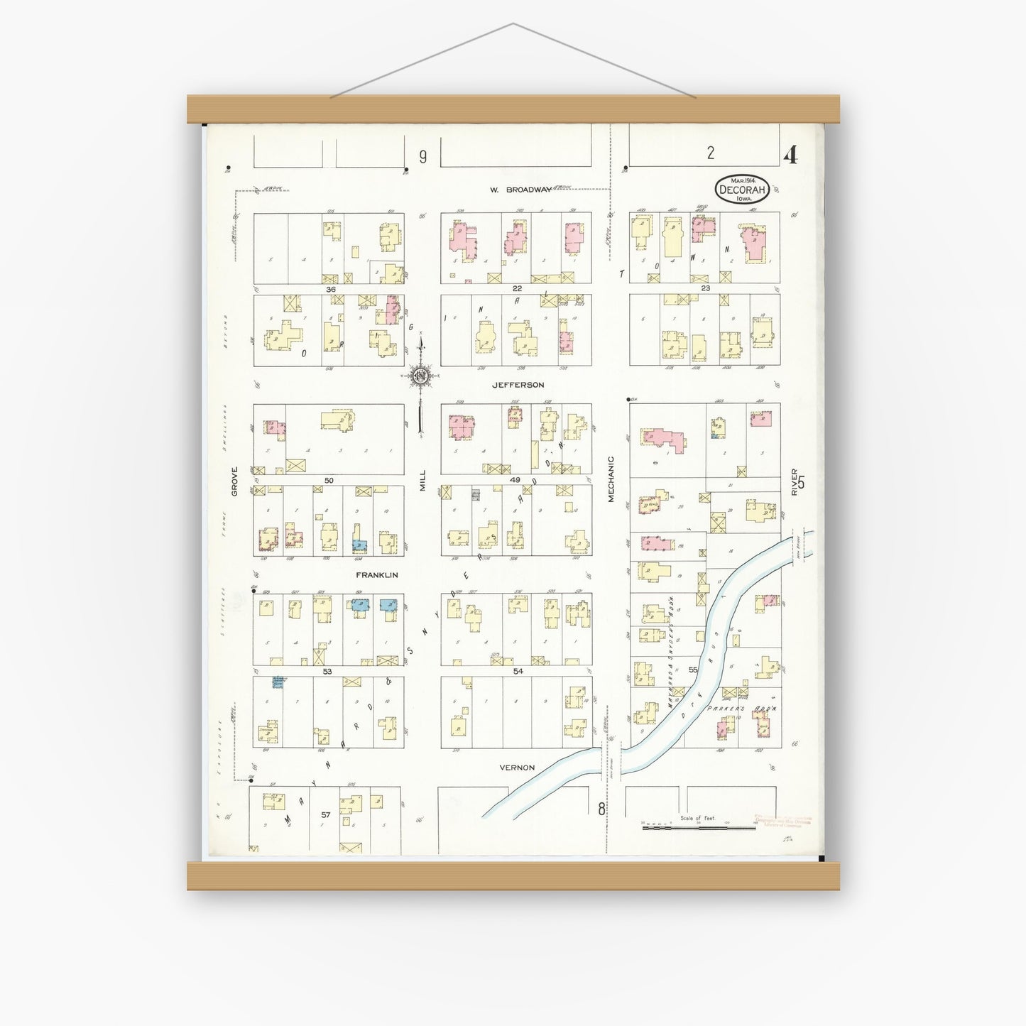 Old map wall art mockup — magnetic wood frame on white wall — Sanborn Fire Insurance Map from Decorah, Winneshiek County, Iowa (1914), Sheet #0004