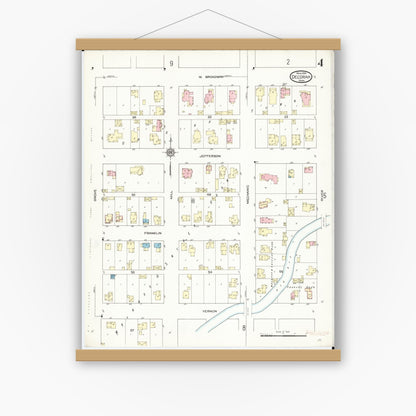 Old map wall art mockup — magnetic wood frame on white wall — Sanborn Fire Insurance Map from Decorah, Winneshiek County, Iowa (1914), Sheet #0004