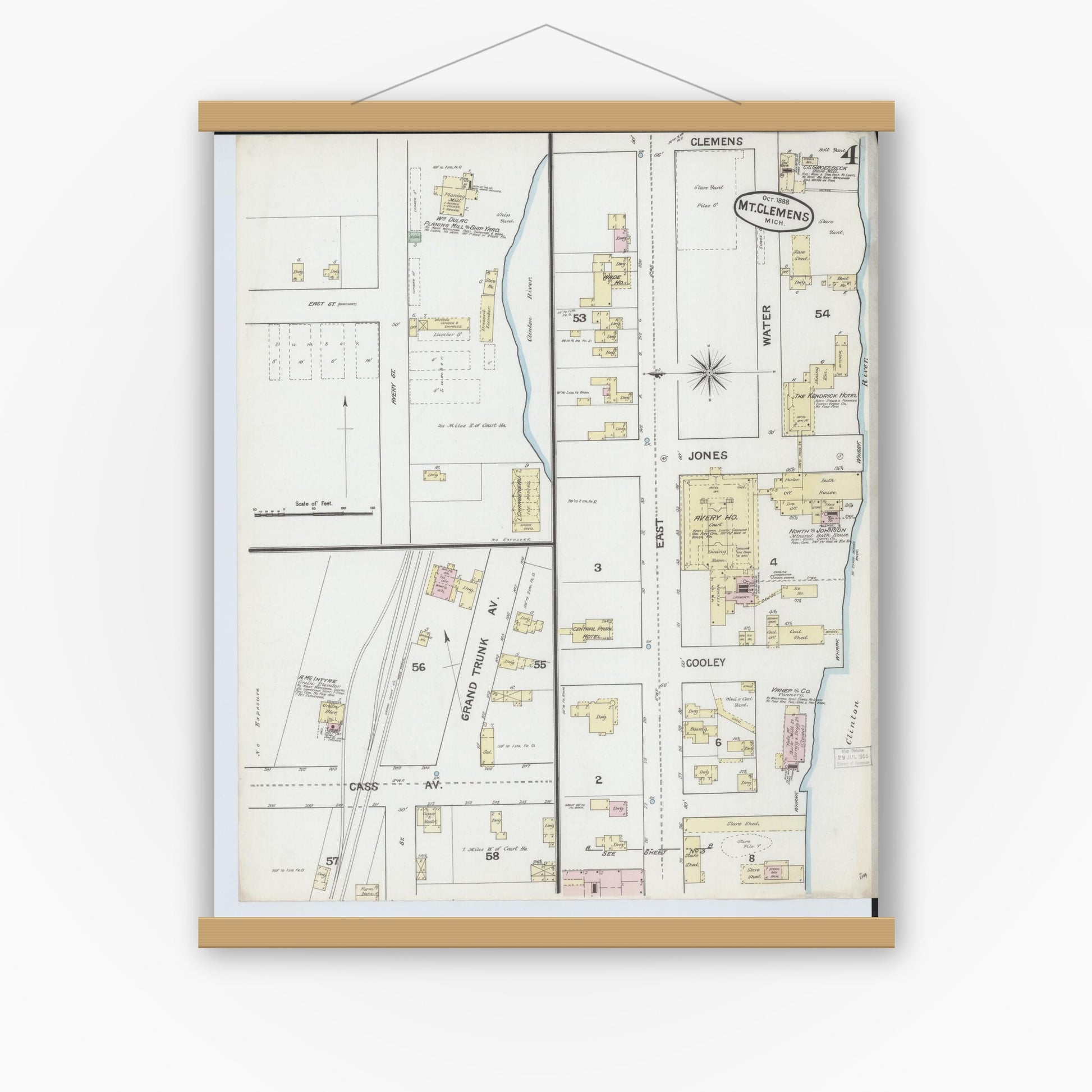 Old map wall art mockup — magnetic wood frame on white wall — Sanborn Fire Insurance Map from Mount Clemens, Macomb County, Michigan (1888), Sheet #0004