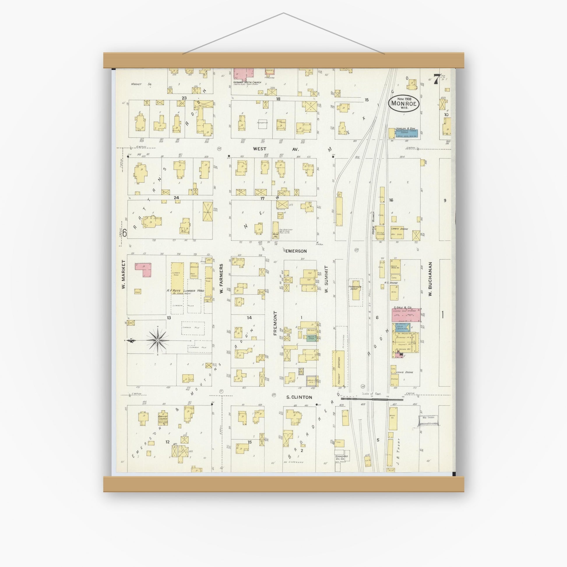 Old map wall art mockup — magnetic wood frame on white wall — Sanborn Fire Insurance Map from Monroe, Green County, Wisconsin (1908), Sheet #0007
