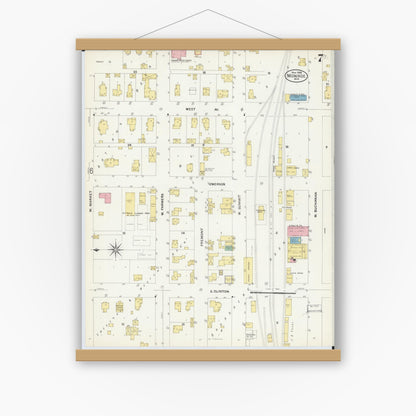 Old map wall art mockup — magnetic wood frame on white wall — Sanborn Fire Insurance Map from Monroe, Green County, Wisconsin (1908), Sheet #0007