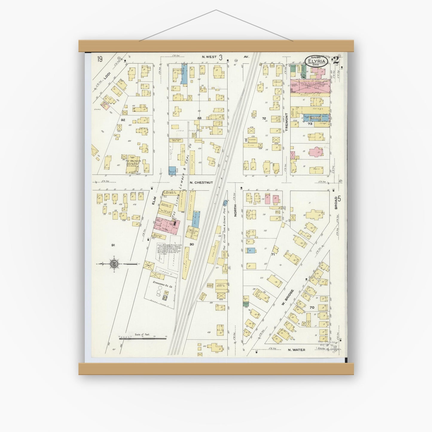 Old map wall art mockup — magnetic wood frame on white wall — Sanborn Fire Insurance Map from Elyria, Lorain County, Ohio (1910), Sheet #0002