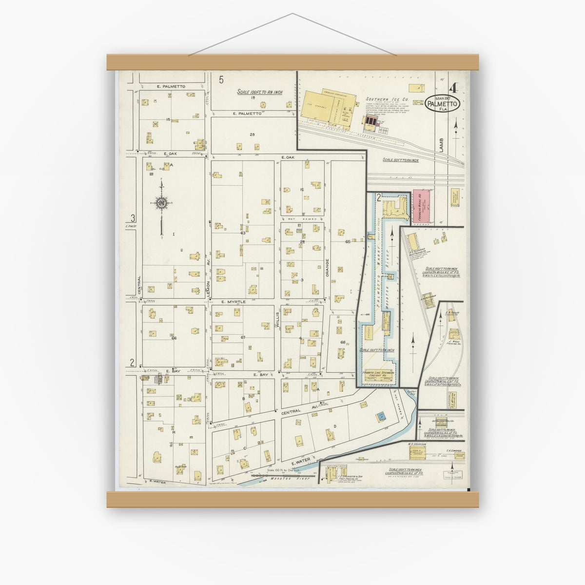 Old map wall art mockup — magnetic wood frame on white wall — Sanborn Fire Insurance Map from Palmetto, Manatee County, Florida (1917), Sheet #0004