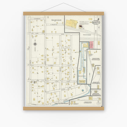 Old map wall art mockup — magnetic wood frame on white wall — Sanborn Fire Insurance Map from Palmetto, Manatee County, Florida (1917), Sheet #0004