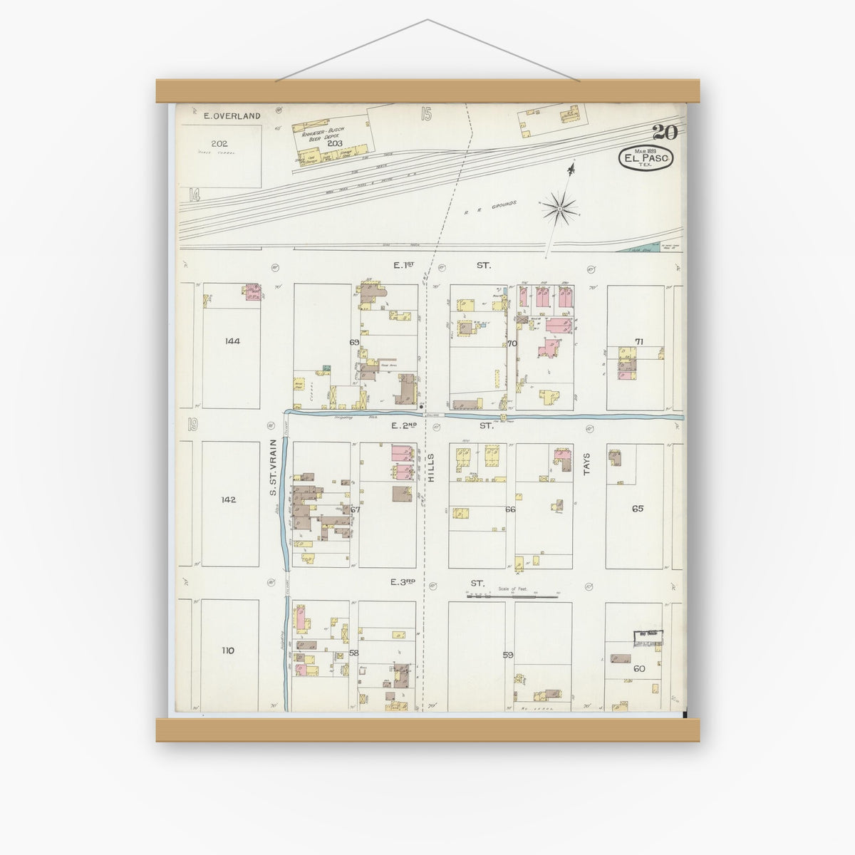 Old map wall art mockup — magnetic wood frame on white wall — Sanborn Fire Insurance Map from El Paso, El Paso County, Texas (1893), Sheet #0020