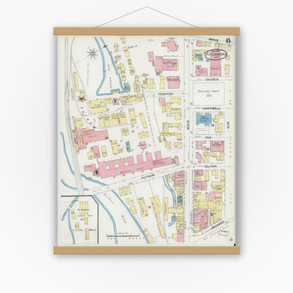 Old map wall art mockup — magnetic wood frame on white wall — Sanborn Fire Insurance Map from Fitchburg, Worcester County, Massachusetts (1892), Sheet #0006