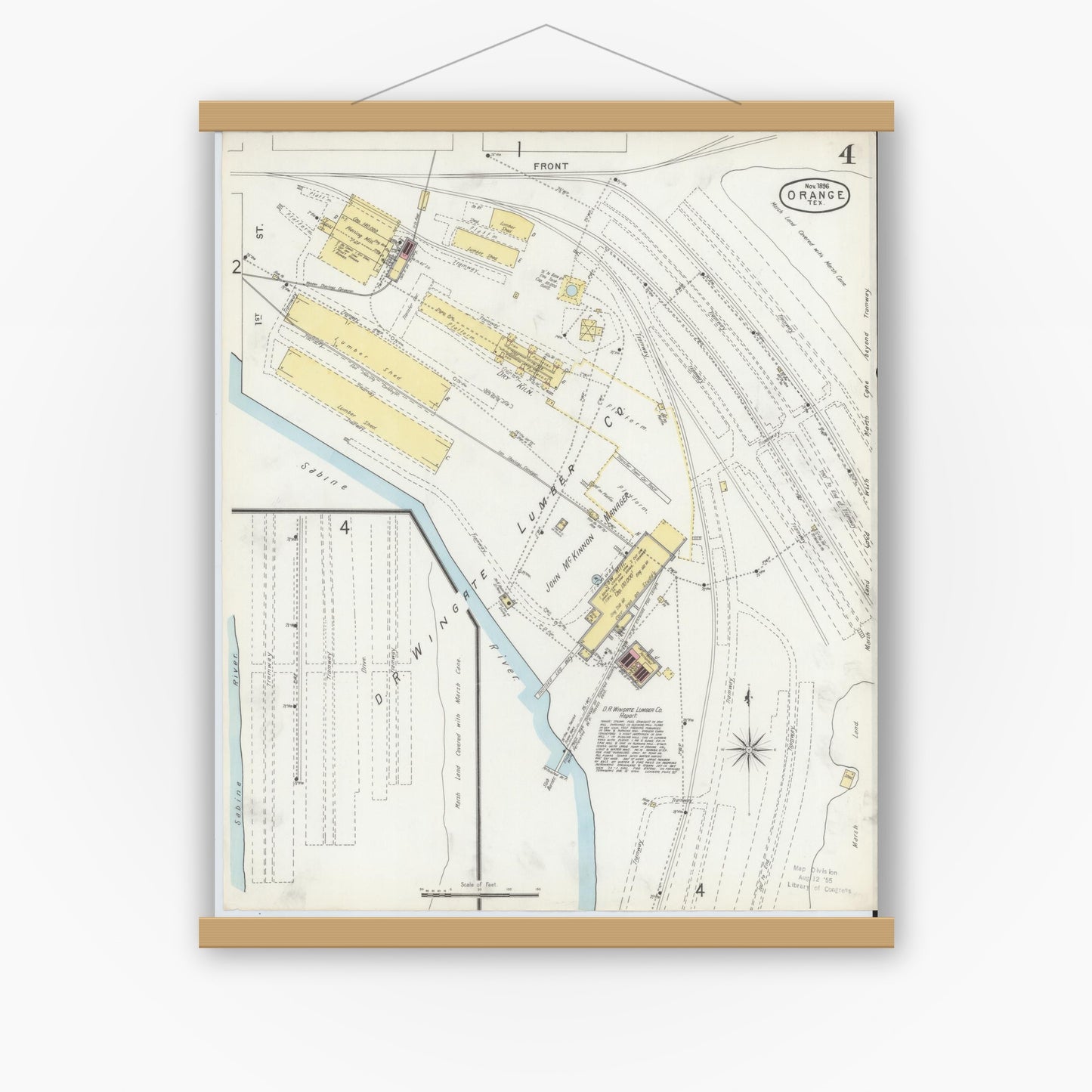 Old map wall art mockup — magnetic wood frame on white wall — Sanborn Fire Insurance Map from Orange, Orange County, Texas (1896), Sheet #0004