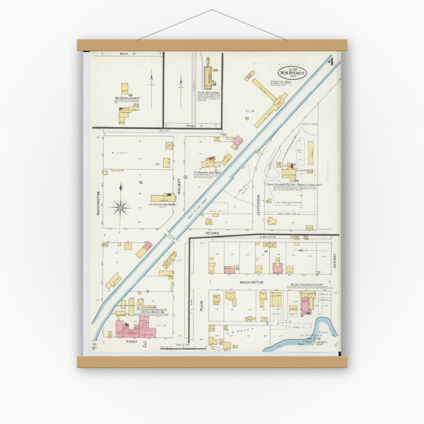 Old map wall art mockup — magnetic wood frame on white wall — Sanborn Fire Insurance Map from New Bremen, Auglaize County, Ohio (1899), Sheet #0004