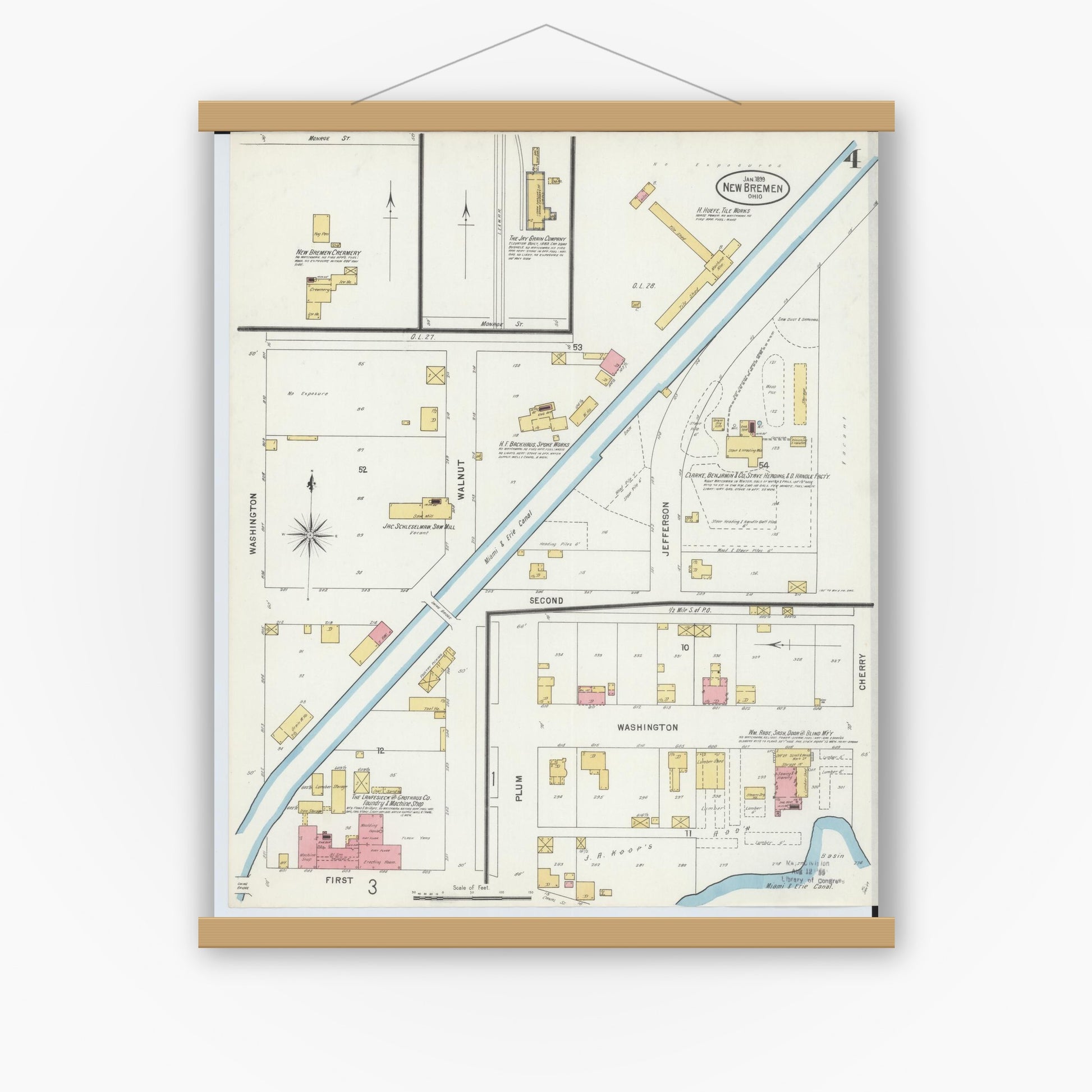 Old map wall art mockup — magnetic wood frame on white wall — Sanborn Fire Insurance Map from New Bremen, Auglaize County, Ohio (1899), Sheet #0004