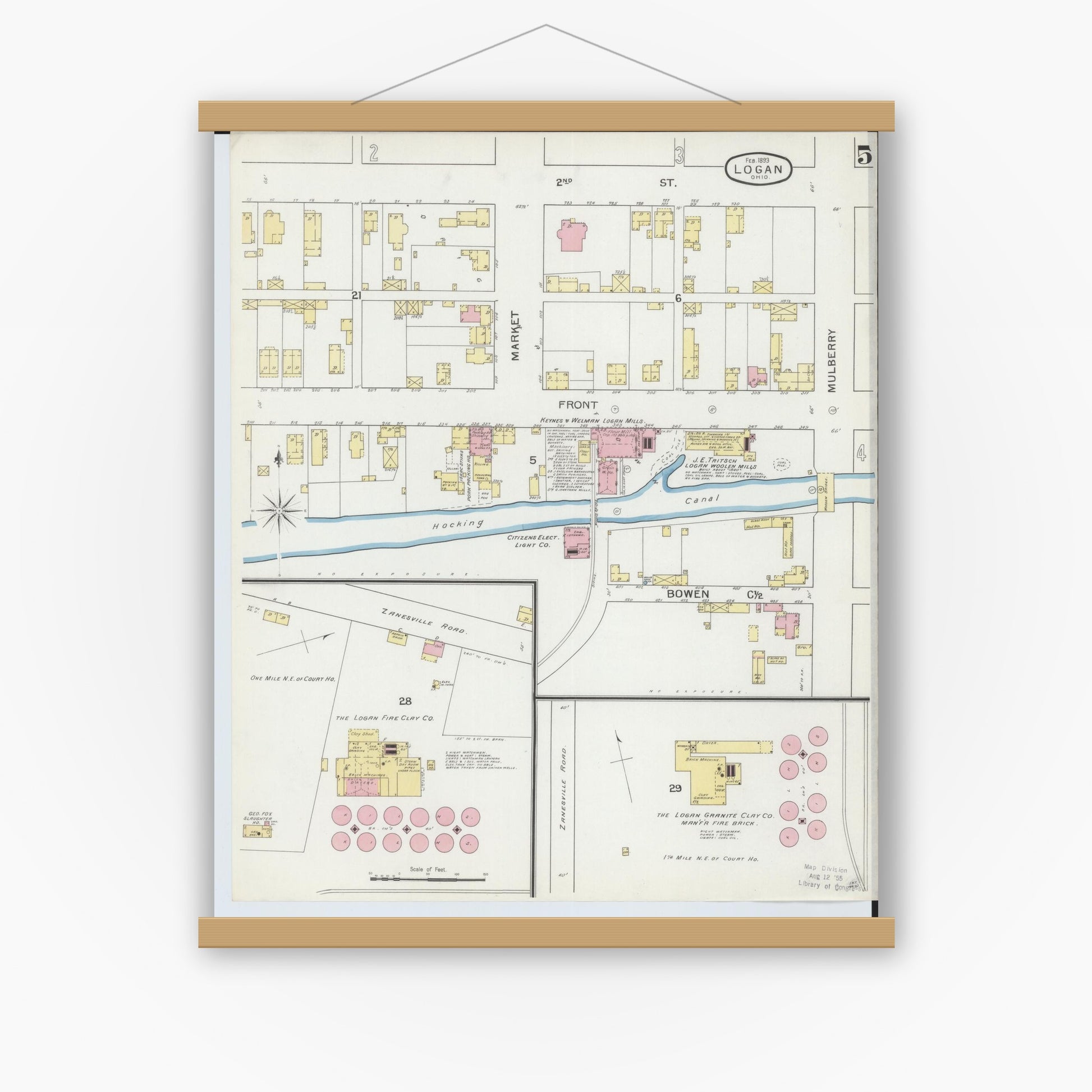 Old map wall art mockup — magnetic wood frame on white wall — Sanborn Fire Insurance Map from Logan, Hocking County, Ohio (1893), Sheet #0005