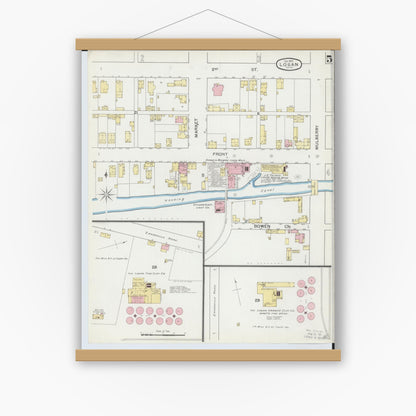 Old map wall art mockup — magnetic wood frame on white wall — Sanborn Fire Insurance Map from Logan, Hocking County, Ohio (1893), Sheet #0005