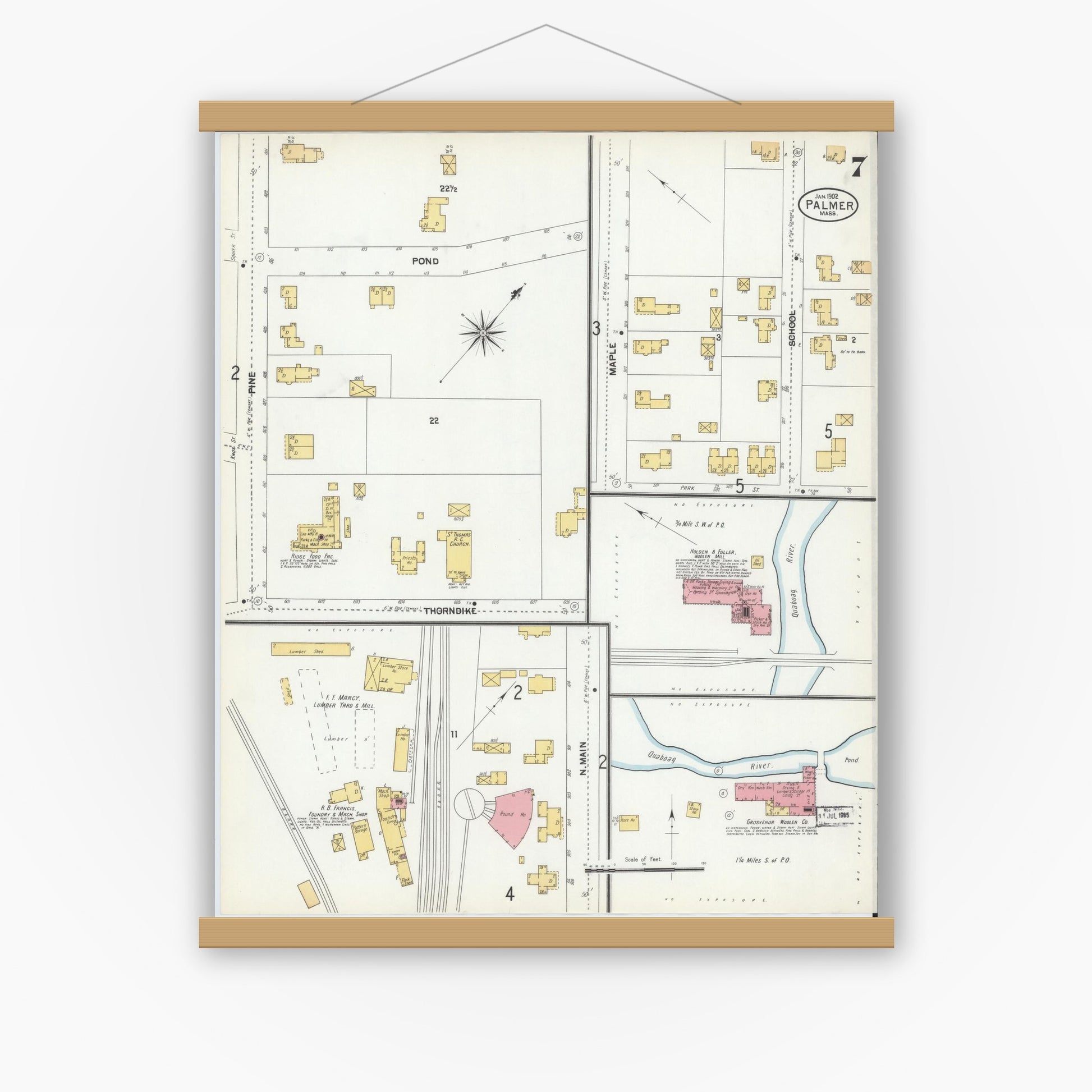 Old map wall art mockup — magnetic wood frame on white wall — Sanborn Fire Insurance Map from Palmer, Hampden County, Massachusetts (1902), Sheet #0007