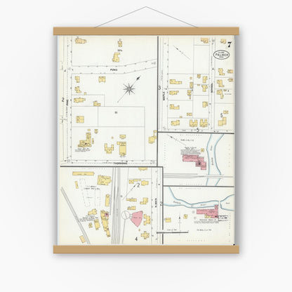 Old map wall art mockup — magnetic wood frame on white wall — Sanborn Fire Insurance Map from Palmer, Hampden County, Massachusetts (1902), Sheet #0007