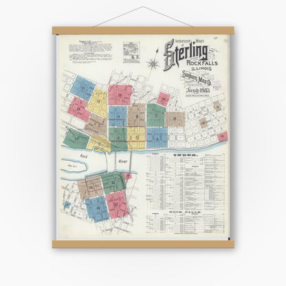 Old map wall art mockup — magnetic wood frame on white wall — Sanborn Fire Insurance Map from Sterling, Whiteside County, Illinois (1903) - Complete Map Set