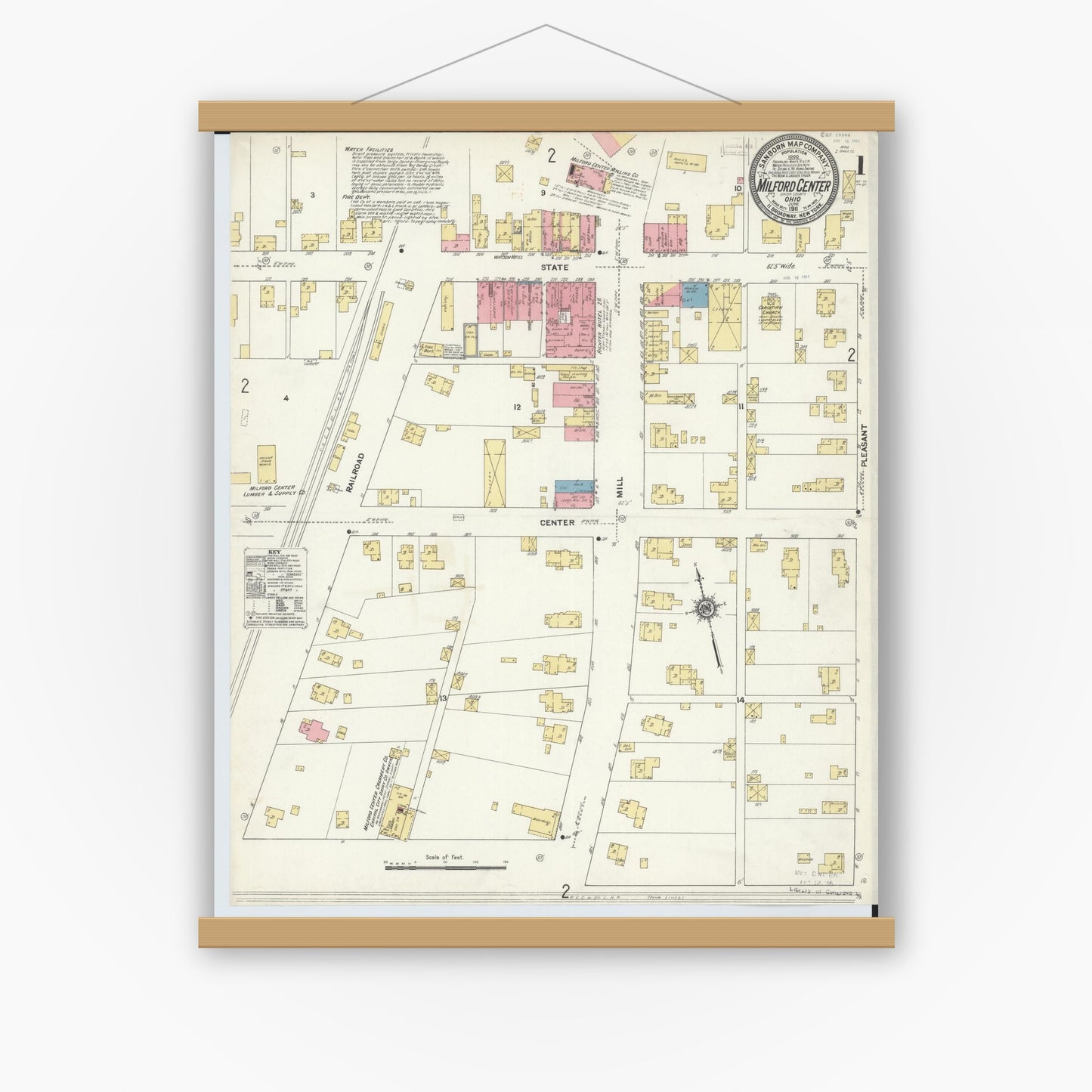 Old map wall art mockup — magnetic wood frame on white wall — Sanborn Fire Insurance Map from Milford Center, Union County, Ohio (1911), Sheet #0001