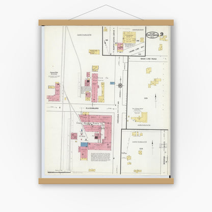 Old map wall art mockup — magnetic wood frame on white wall — Sanborn Fire Insurance Map from South Haven, Van Buren County, Michigan (1916), Sheet #0009