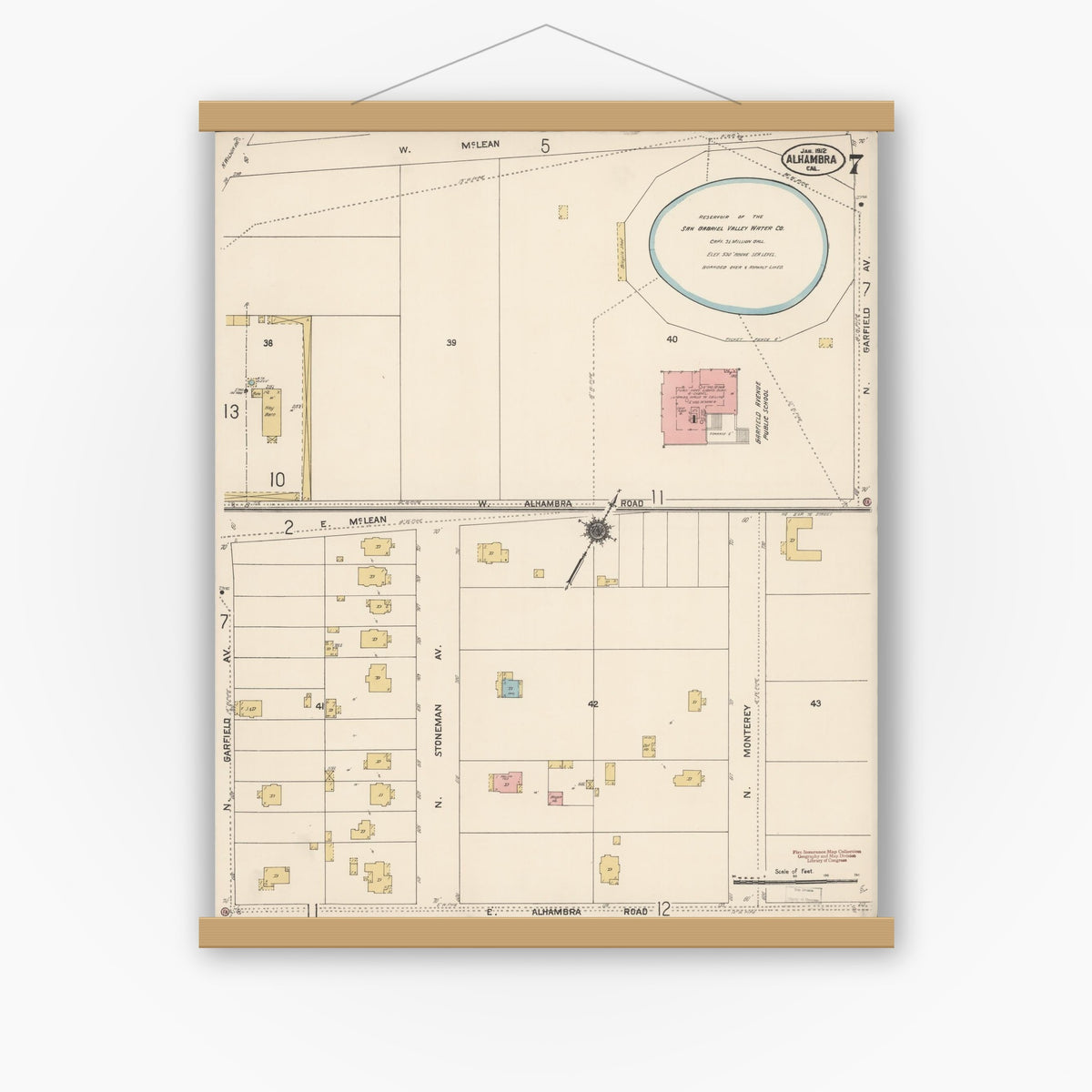 Old map wall art mockup — magnetic wood frame on white wall — Sanborn Fire Insurance Map from Alhambra, Los Angeles County, California (1912), Sheet #0007