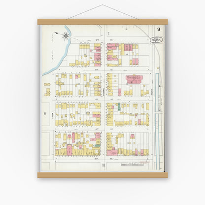 Old map wall art mockup — magnetic wood frame on white wall — Sanborn Fire Insurance Map from Passaic, Passaic County, New Jersey (1903), Sheet #0009