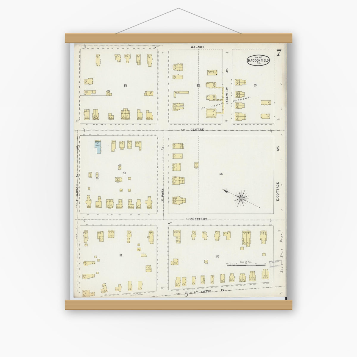 Old map wall art mockup — magnetic wood frame on white wall — Sanborn Fire Insurance Map from Haddonfield, Camden County, New Jersey (1897), Sheet #0007