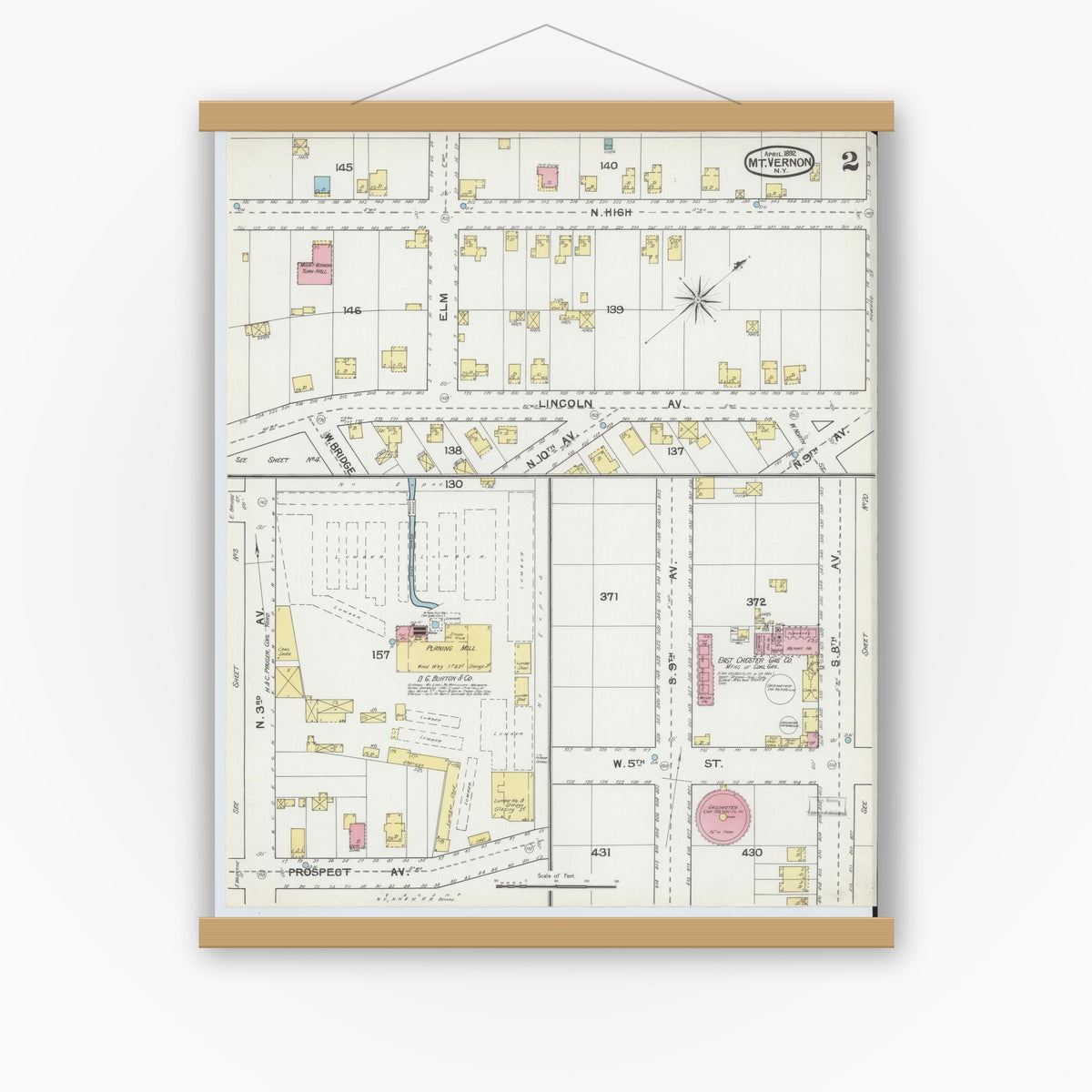 Old map wall art mockup — magnetic wood frame on white wall — Sanborn Fire Insurance Map from Mount Vernon, Westchester County, New York (1892) - Complete Map Set