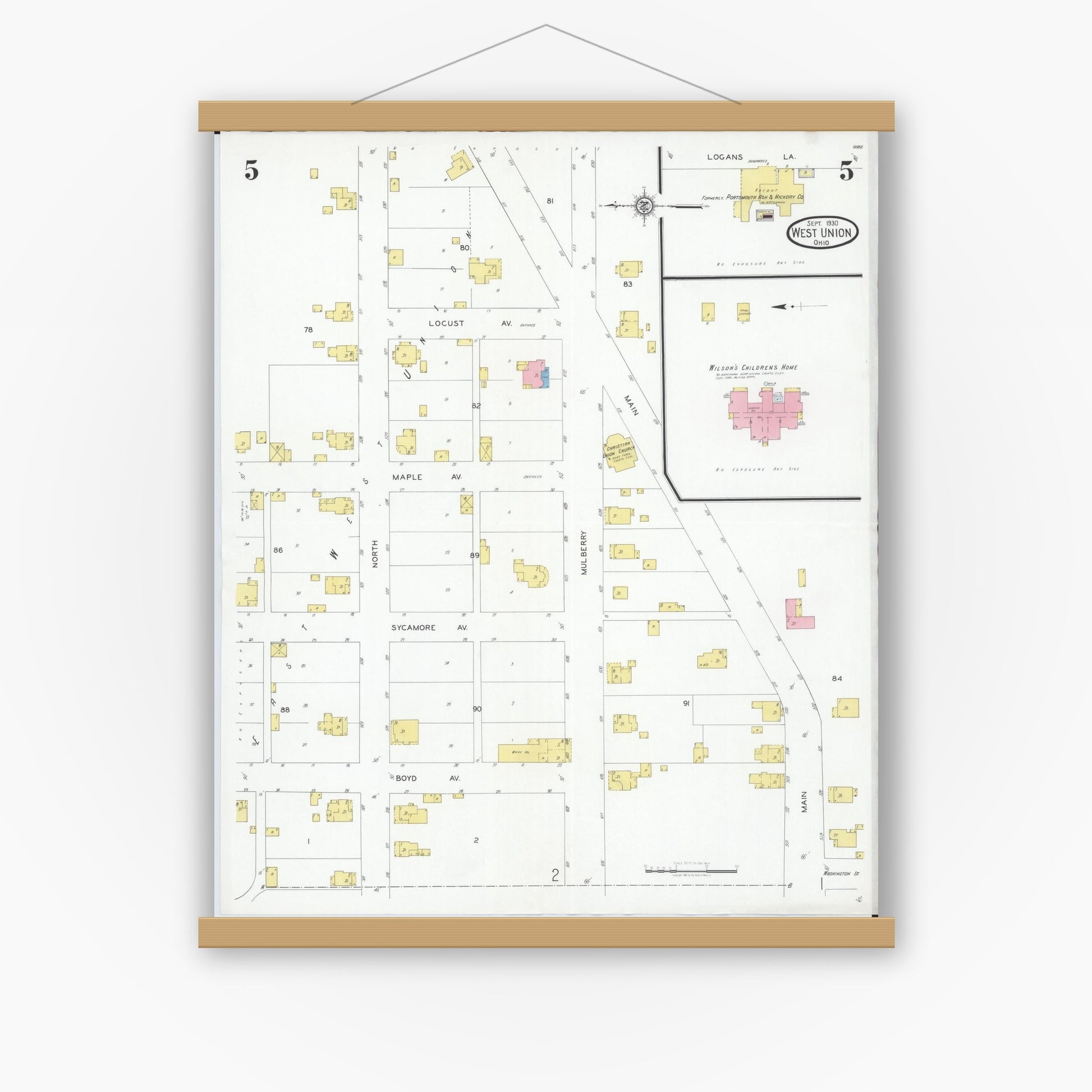 Old map wall art mockup — magnetic wood frame on white wall — Sanborn Fire Insurance Map from West Union, Adams County, Ohio (1930), Sheet #0005