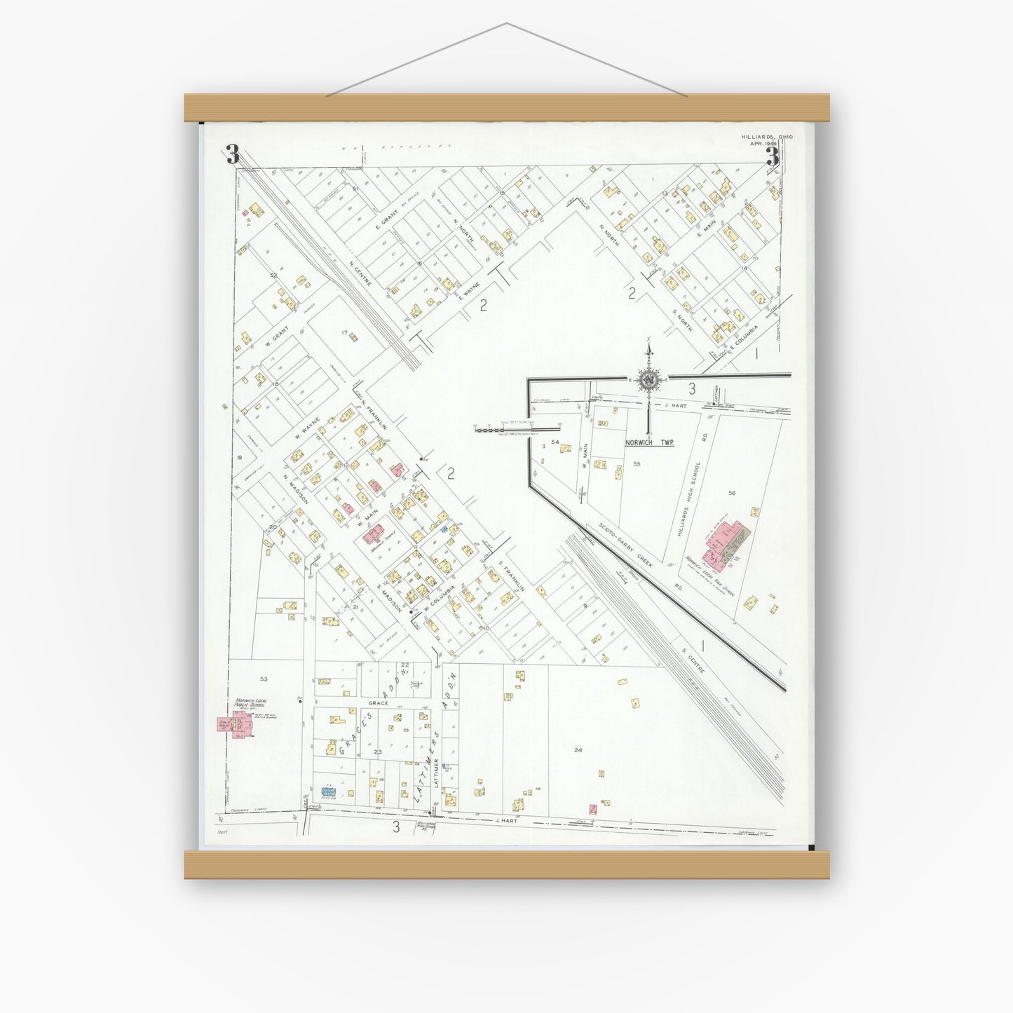 Old map wall art mockup — magnetic wood frame on white wall — Sanborn Fire Insurance Map from Hilliards, Franklin County, Ohio (1946), Sheet #0003