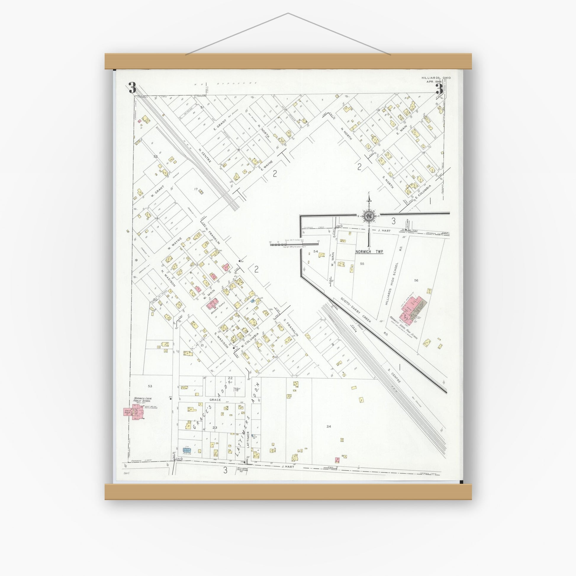 Old map wall art mockup — magnetic wood frame on white wall — Sanborn Fire Insurance Map from Hilliards, Franklin County, Ohio (1946), Sheet #0003