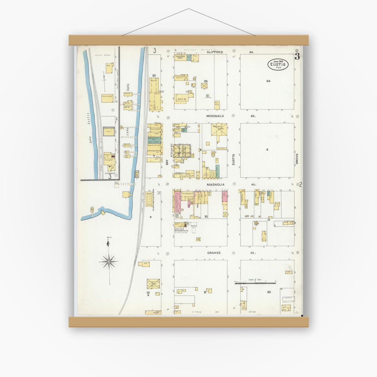 Old map wall art mockup — magnetic wood frame on white wall — Sanborn Fire Insurance Map from Eustis, Lake County, Florida (1906), Sheet #0003