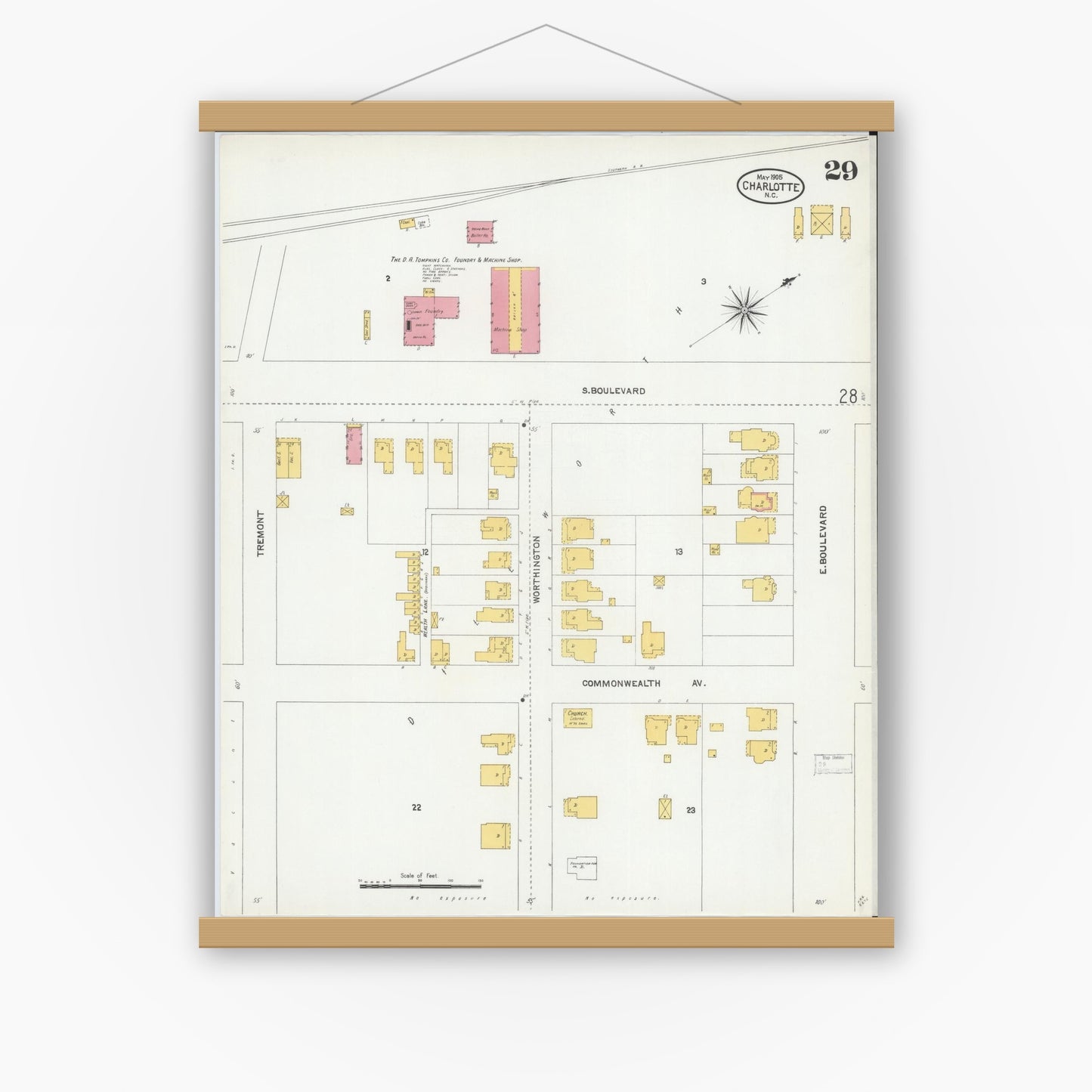Old map wall art mockup — magnetic wood frame on white wall — Sanborn Fire Insurance Map from Charlotte, Mecklenburg County, North Carolina (1905), Sheet #0029