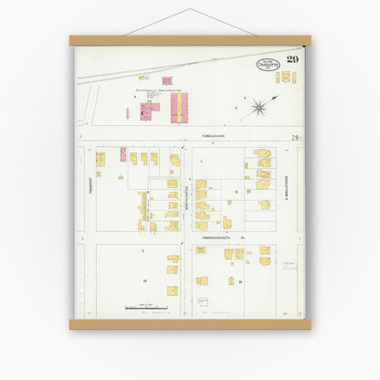Old map wall art mockup — magnetic wood frame on white wall — Sanborn Fire Insurance Map from Charlotte, Mecklenburg County, North Carolina (1905), Sheet #0029