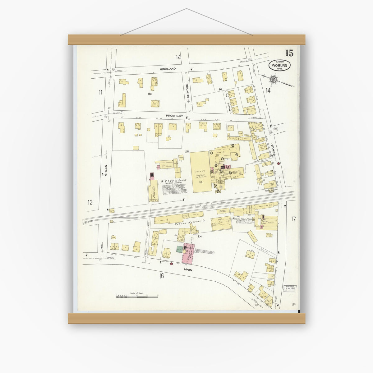 Old map wall art mockup — magnetic wood frame on white wall — Sanborn Fire Insurance Map from Woburn, Middlesex County, Massachusetts (1910), Sheet #0015