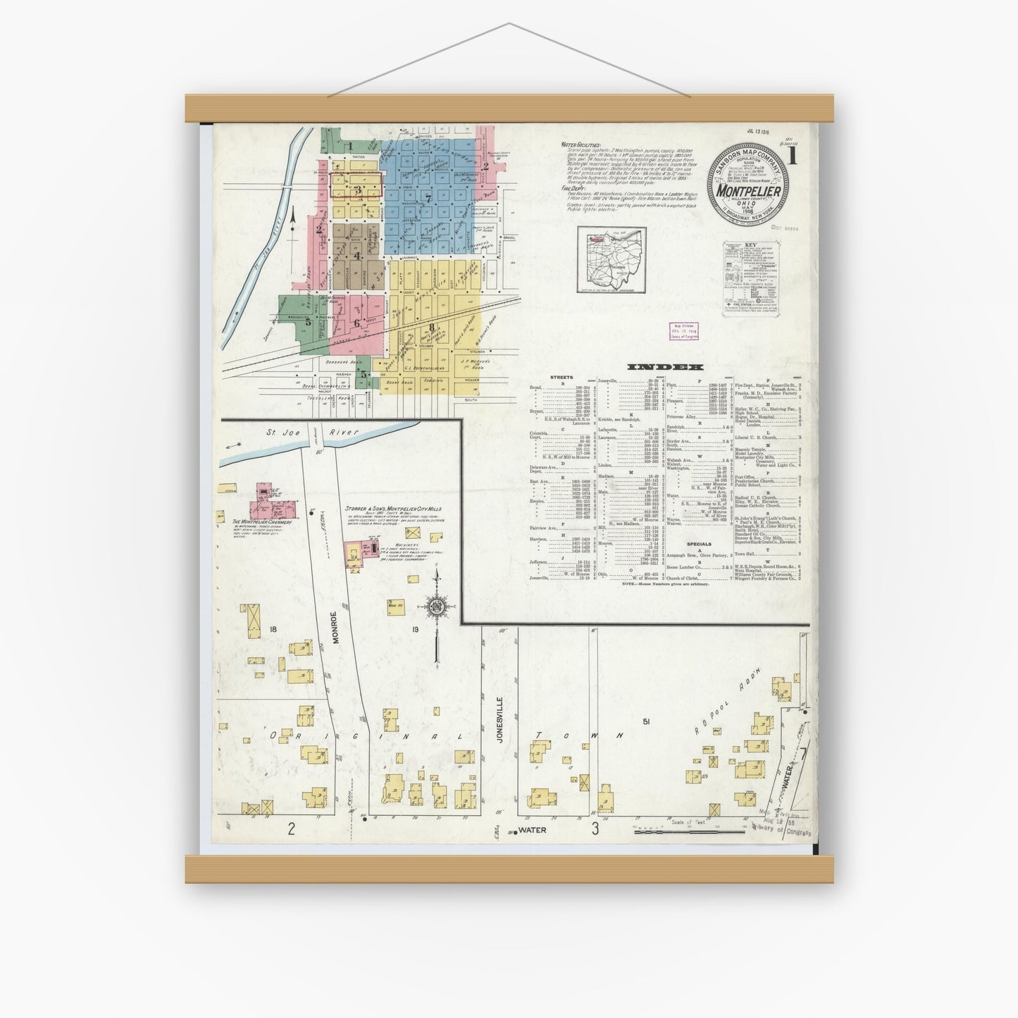 Old map wall art mockup — magnetic wood frame on white wall — Sanborn Fire Insurance Map from Montpelier, Williams County, Ohio (1916), Sheet #0001