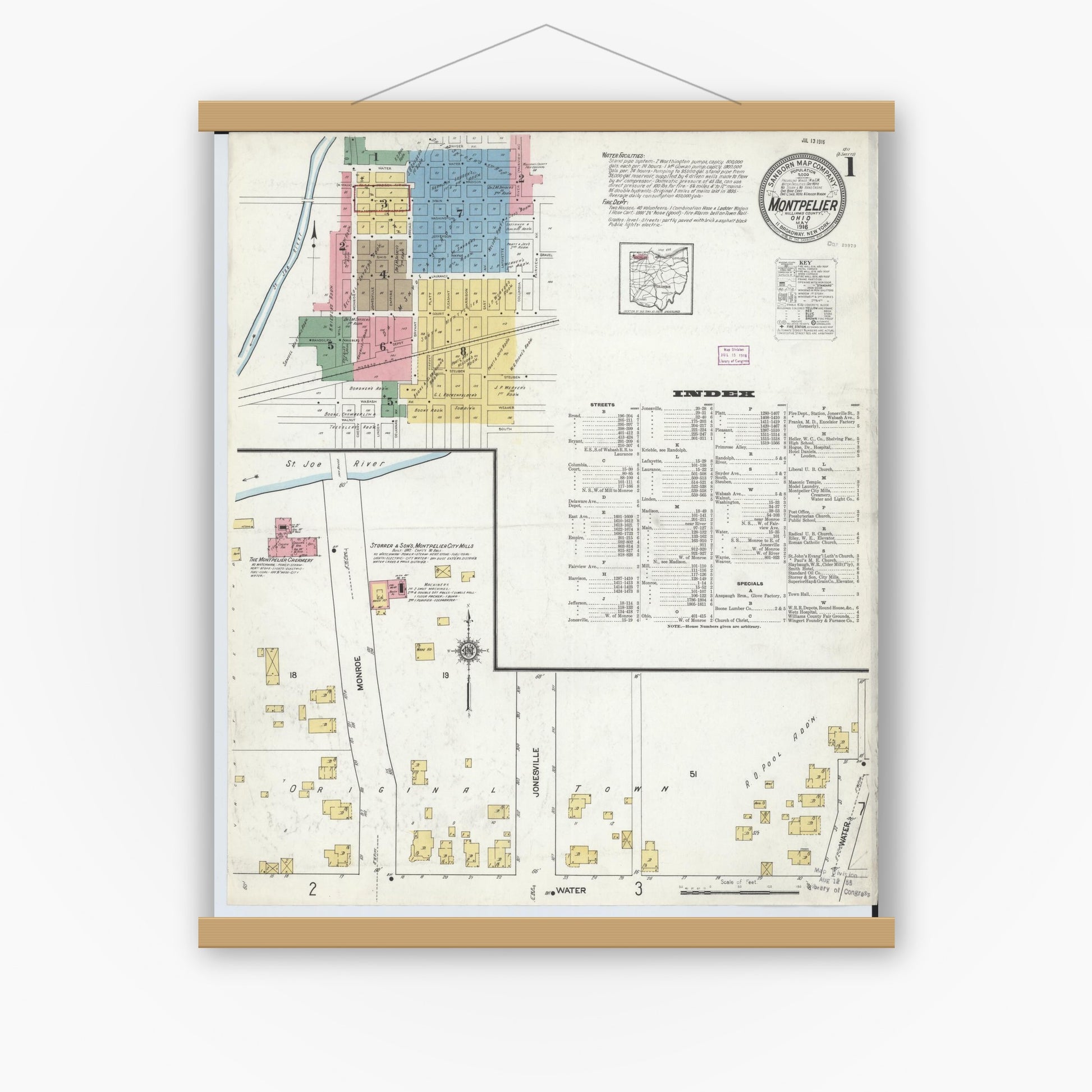Old map wall art mockup — magnetic wood frame on white wall — Sanborn Fire Insurance Map from Montpelier, Williams County, Ohio (1916), Sheet #0001
