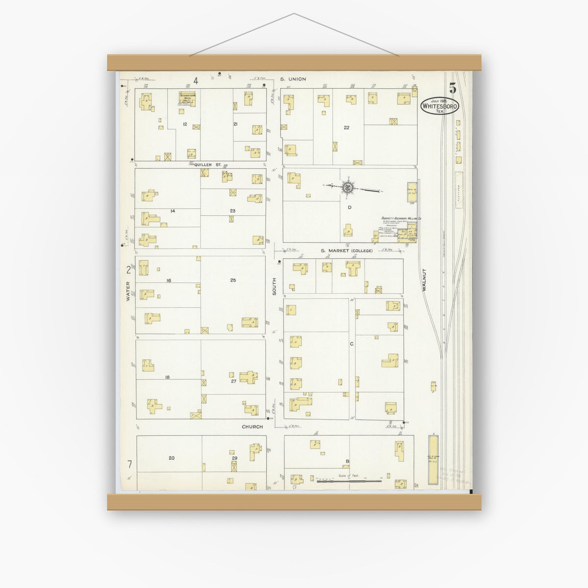 Old map wall art mockup — magnetic wood frame on white wall — Sanborn Fire Insurance Map from Whitesboro, Grayson County, Texas (1915), Sheet #0005