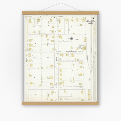 Old map wall art mockup — magnetic wood frame on white wall — Sanborn Fire Insurance Map from Whitesboro, Grayson County, Texas (1915), Sheet #0005