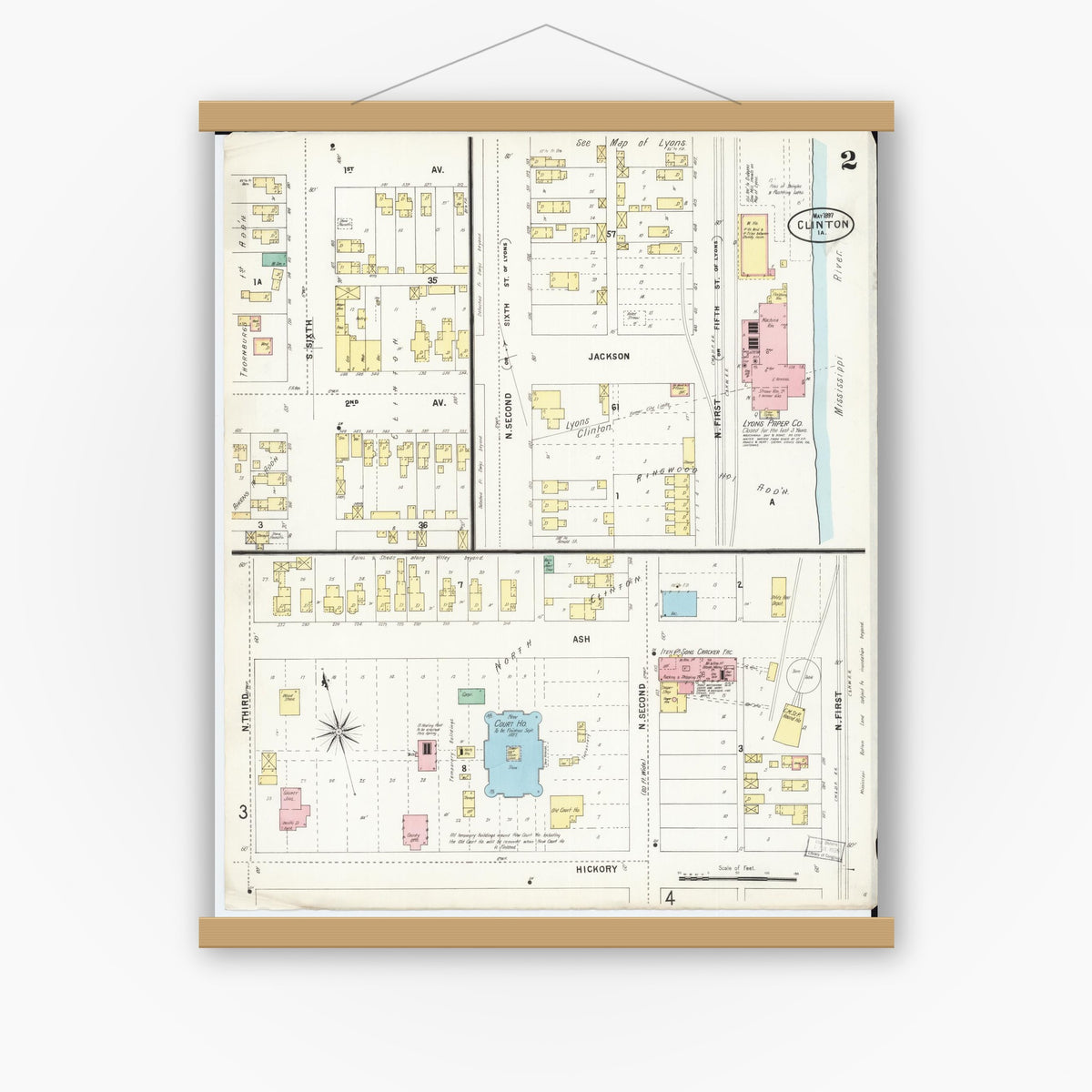 Old map wall art mockup — magnetic wood frame on white wall — Sanborn Fire Insurance Map from Clinton, Clinton County, Iowa (1897), Sheet #0002