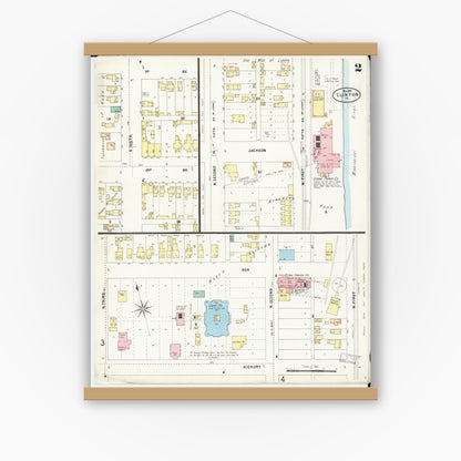 Old map wall art mockup — magnetic wood frame on white wall — Sanborn Fire Insurance Map from Clinton, Clinton County, Iowa (1897), Sheet #0002