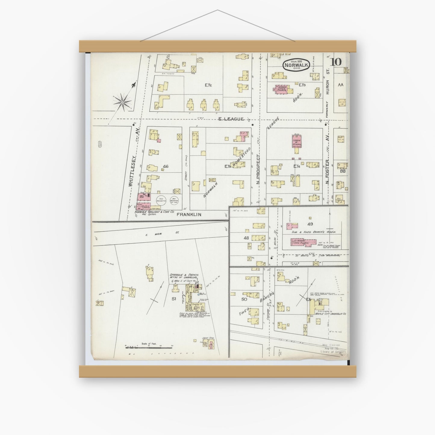 Old map wall art mockup — magnetic wood frame on white wall — Sanborn Fire Insurance Map from Norwalk, Huron County, Ohio (1893), Sheet #0010