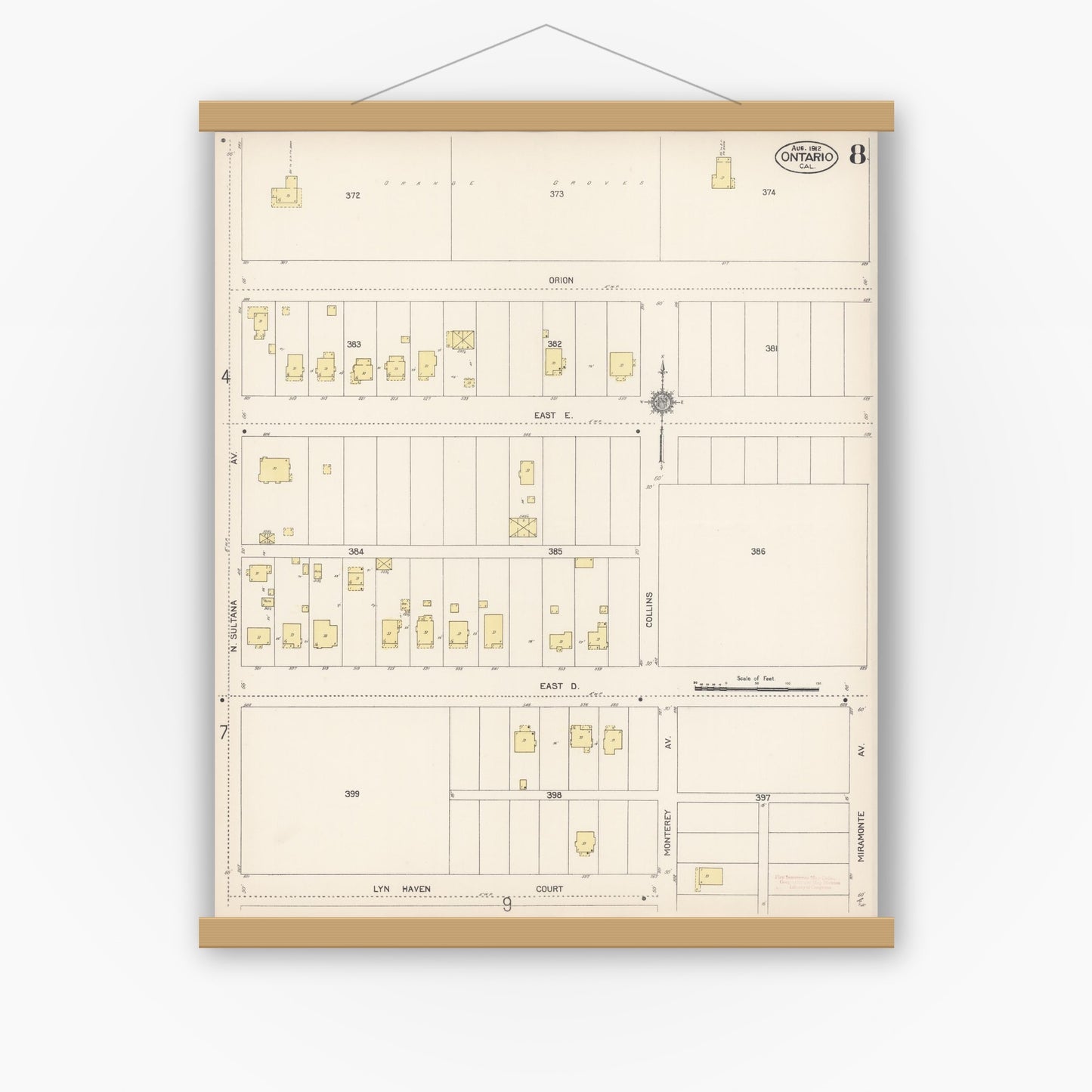 Old map wall art mockup — magnetic wood frame on white wall — Sanborn Fire Insurance Map from Ontario, San Bernardino County, California (1912), Sheet #0008