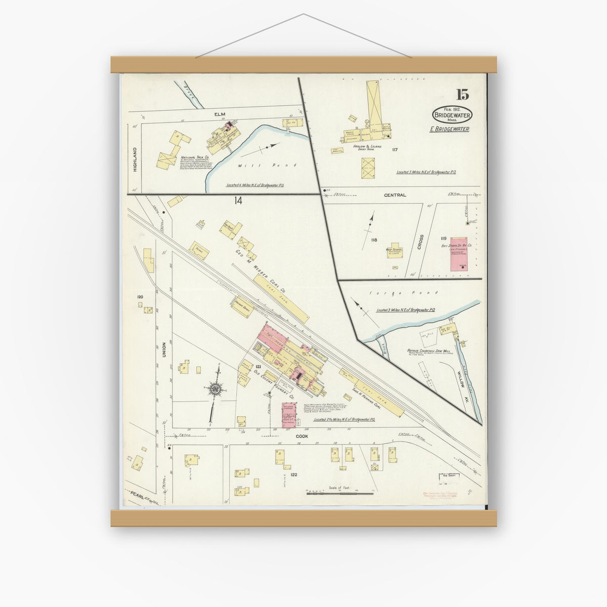 Old map wall art mockup — magnetic wood frame on white wall — Sanborn Fire Insurance Map from Bridgewater, Plymouth County, Massachusetts (1912), Sheet #0015