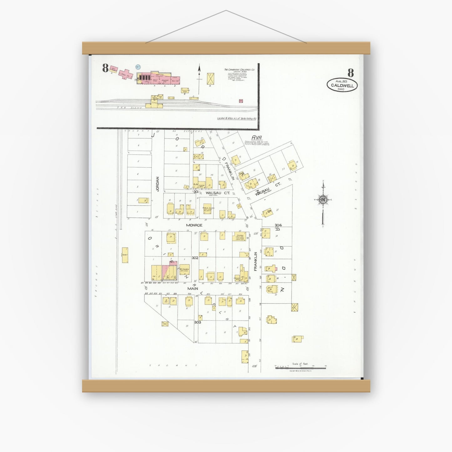 Old map wall art mockup — magnetic wood frame on white wall — Sanborn Fire Insurance Map from Caldwell, Noble County, Ohio (1923), Sheet #0008