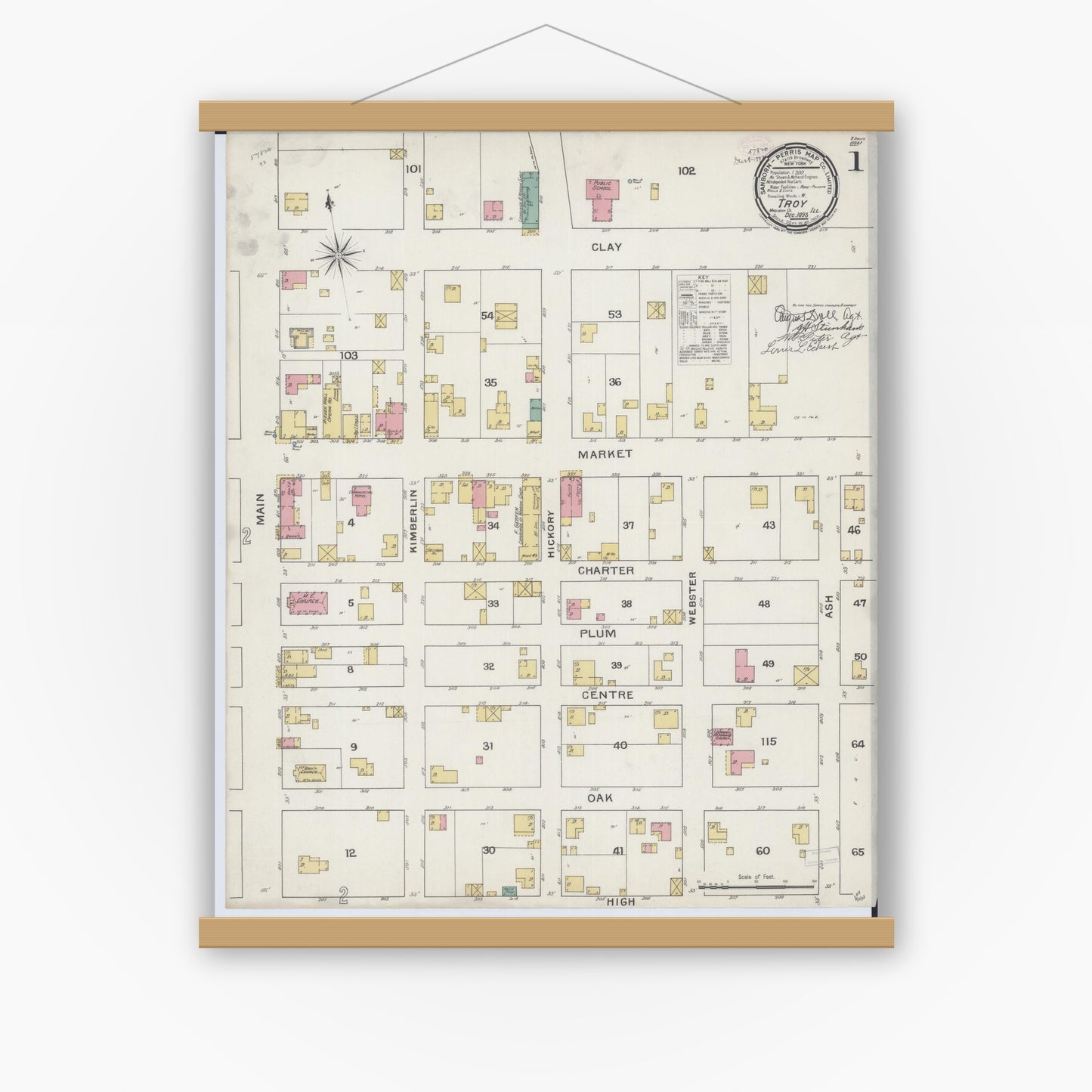 Old map wall art mockup — magnetic wood frame on white wall — Sanborn Fire Insurance Map from Troy, Madison County, Illinois (1893), Sheet #0001