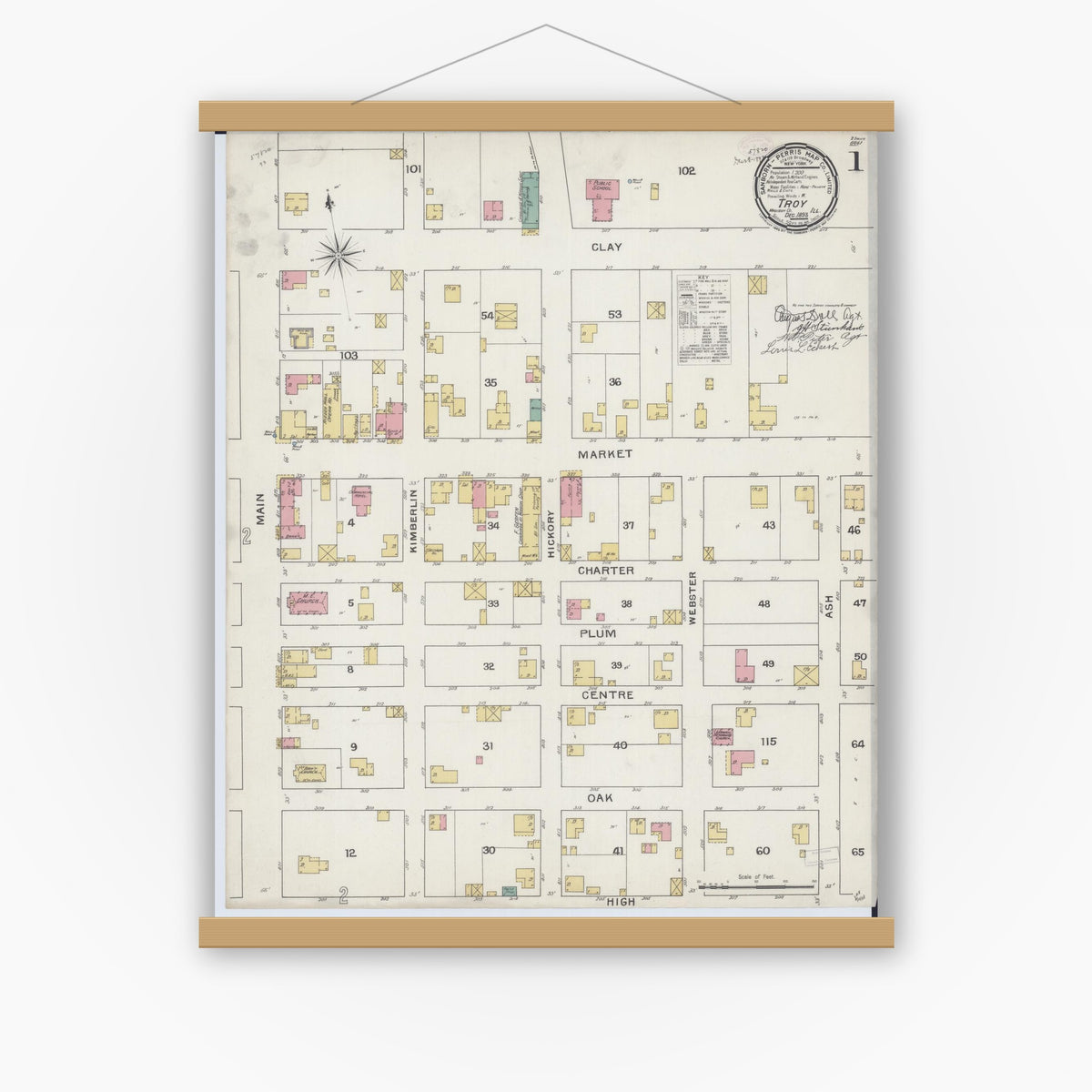 Old map wall art mockup — magnetic wood frame on white wall — Sanborn Fire Insurance Map from Troy, Madison County, Illinois (1893), Sheet #0001