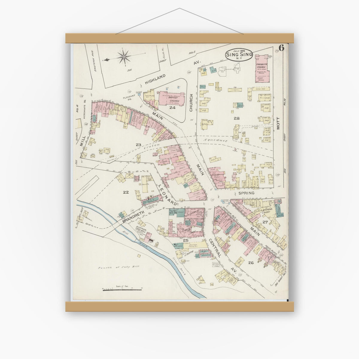 Old map wall art mockup — magnetic wood frame on white wall — Sanborn Fire Insurance Map from Sing Sing, Westchester County, New York (1886), Sheet #0006