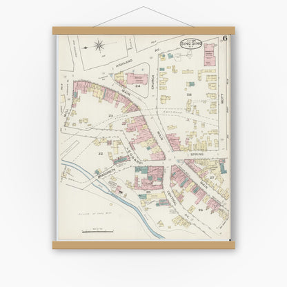 Old map wall art mockup — magnetic wood frame on white wall — Sanborn Fire Insurance Map from Sing Sing, Westchester County, New York (1886), Sheet #0006