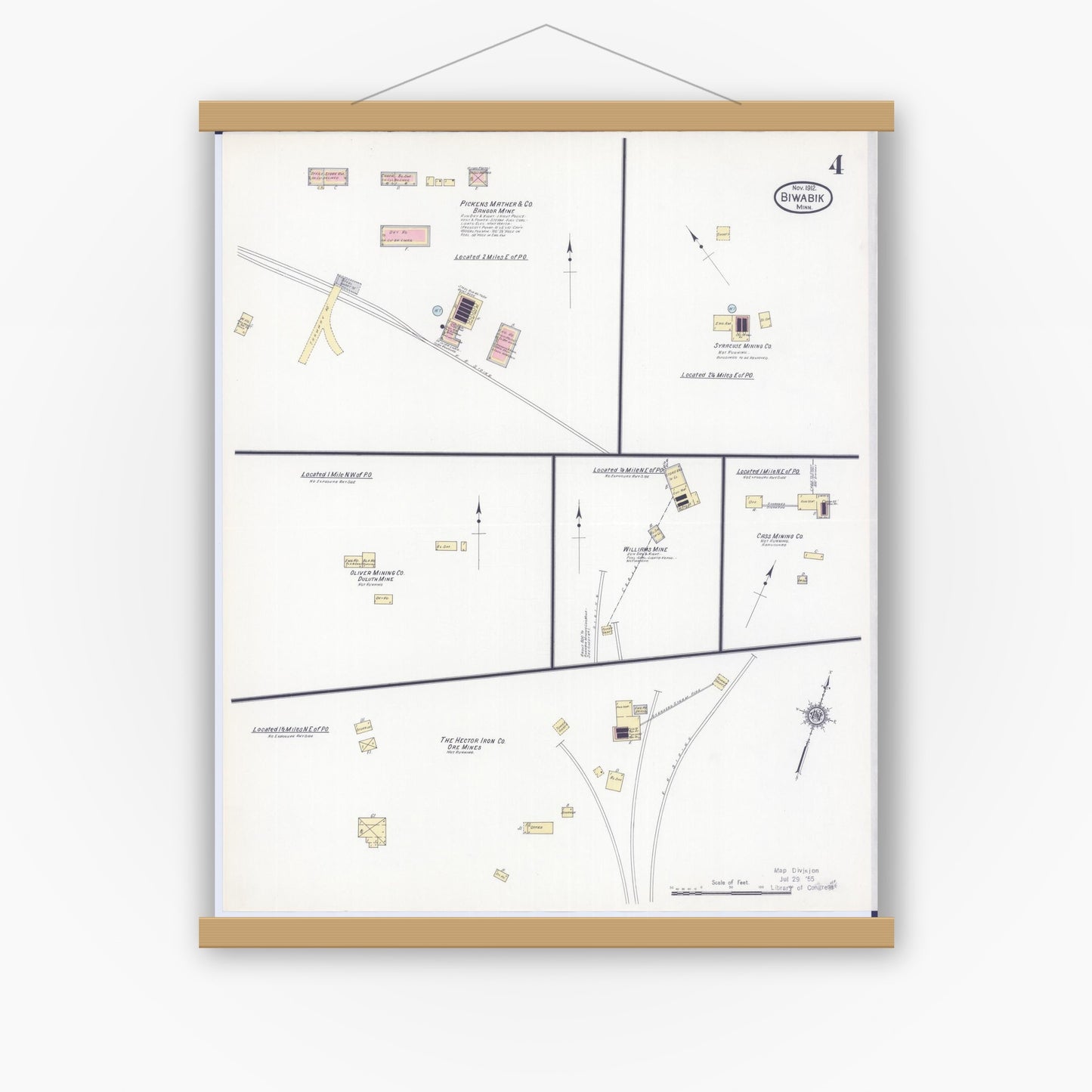 Old map wall art mockup — magnetic wood frame on white wall — Sanborn Fire Insurance Map from Biwabik, Saint Louis County, Minnesota (1912), Sheet #0004