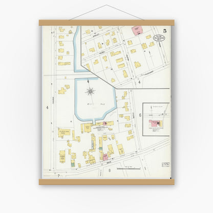 Old map wall art mockup — magnetic wood frame on white wall — Sanborn Fire Insurance Map from Hudson, Middlesex County, Massachusetts (1903), Sheet #0005