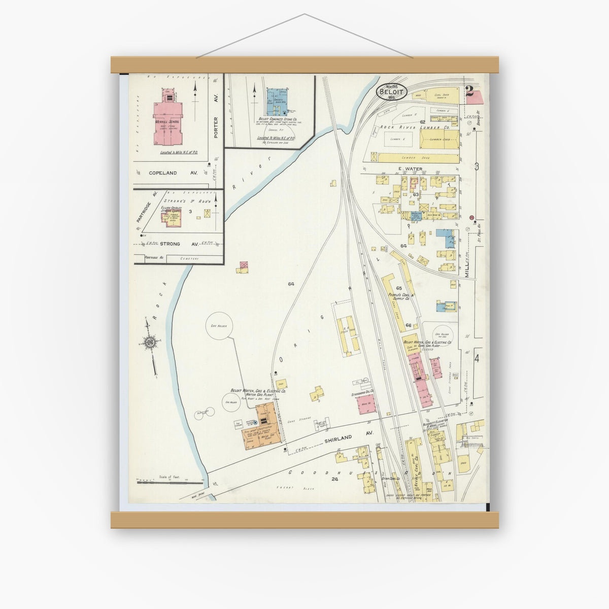 Old map wall art mockup — magnetic wood frame on white wall — Sanborn Fire Insurance Map from Beloit, Rock County, Wisconsin (1915), Sheet #0002