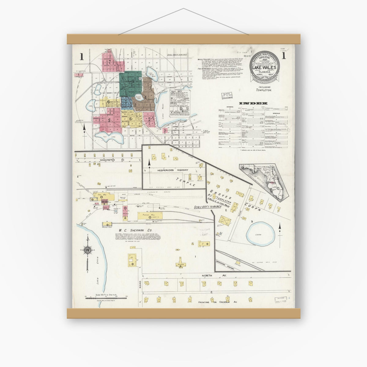 Old map wall art mockup — magnetic wood frame on white wall — Sanborn Fire Insurance Map from Lake Wales, Polk County, Florida (1924) - Complete Map Set